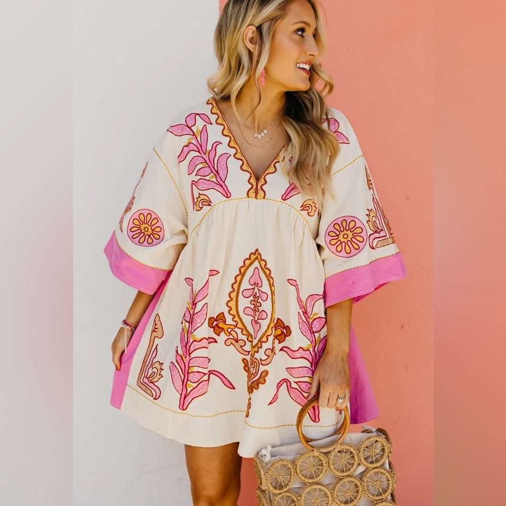 Neon Pink Long Sleeve V Neck Floral boho bohemian Embroidered Dress - Picture 8 of 13